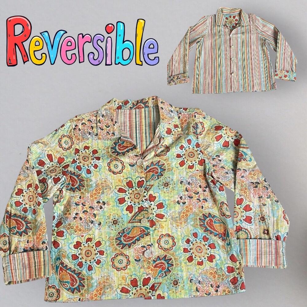 Reversible Double-Sided Blouse Jacket Abalone Buttons Paisley & Stripe M